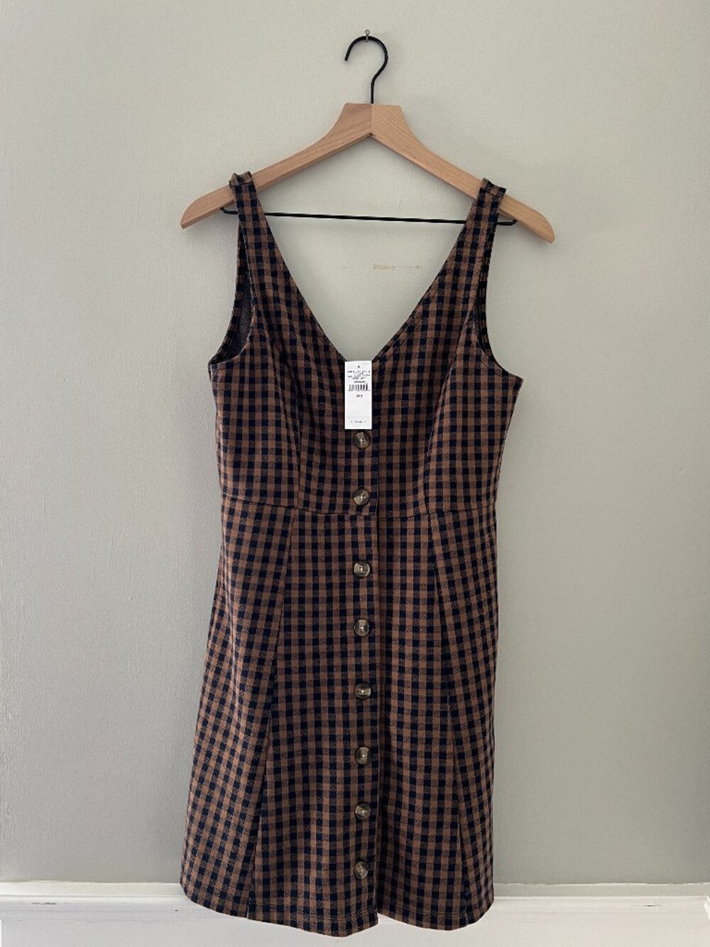 NWT American Eagle Tan & Navy Gingham Button-Front Mini Dress
